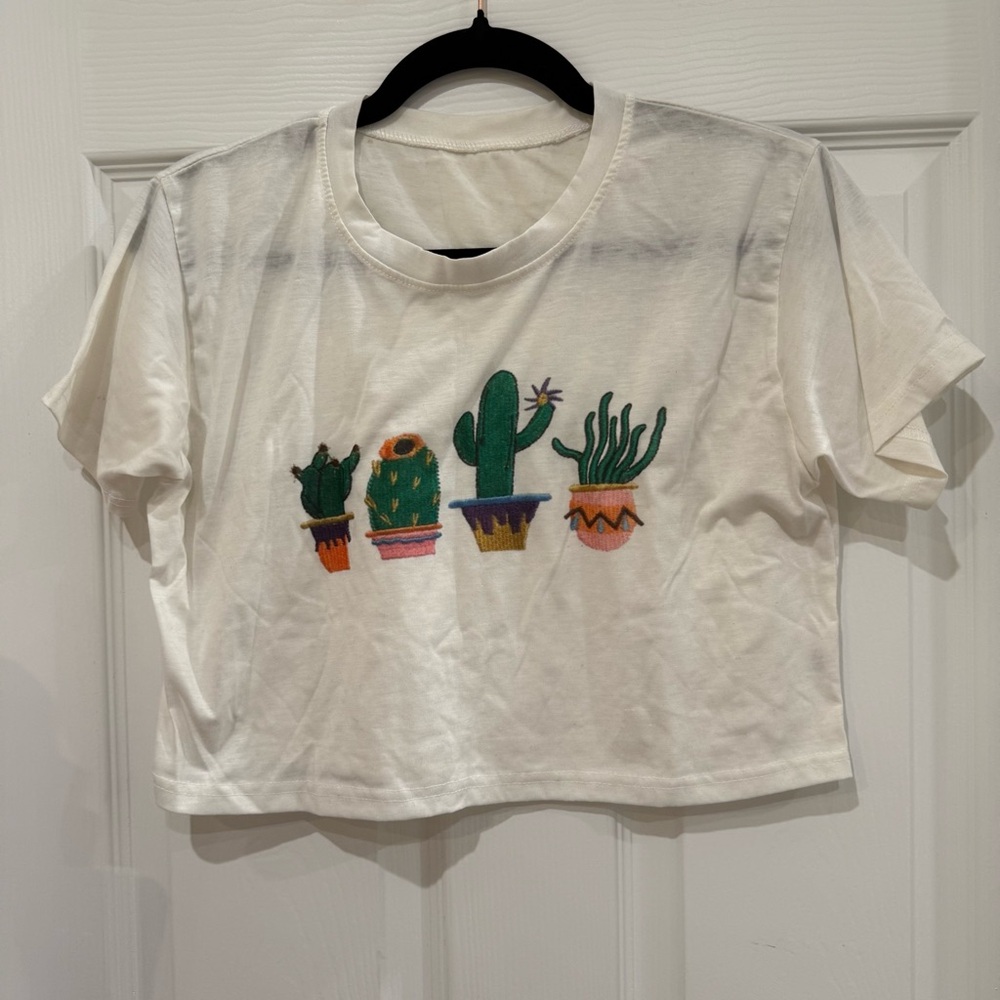 White Cropped T-Shirt with a Cute Cactus Design in a Digital Style Print